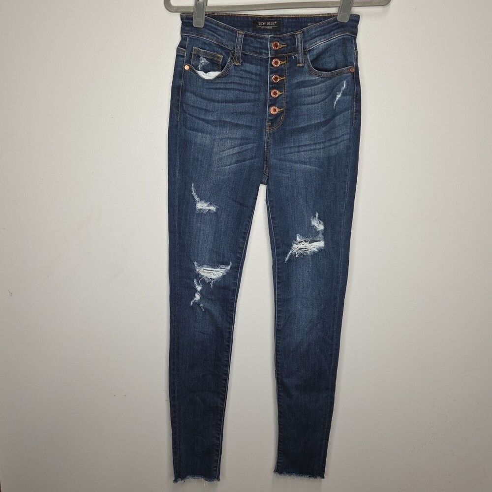 Judy Blue Jeans Womens 5/27 Blue Skinny Fit Button Fly Denim Stretch Raw Hem EUC